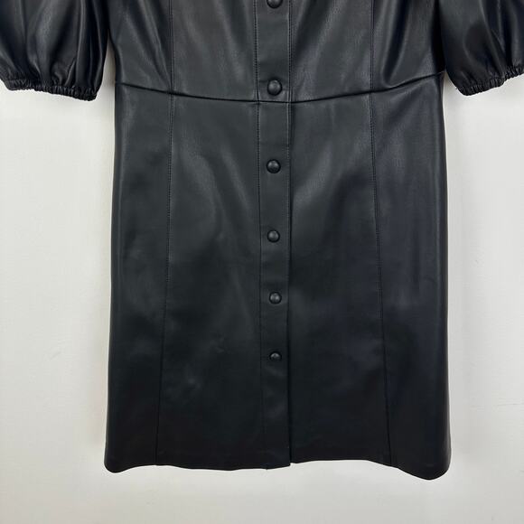 Lime Faux Leather Mini Dress Black Minimalist A Line Puff Sleeve Collared XS - Picture 7 of 8